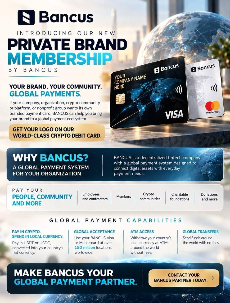 Bancus Private Brand Membership flyer showing a black Visa and a white Mastercard with a custom company logo, plus global payment capabilities