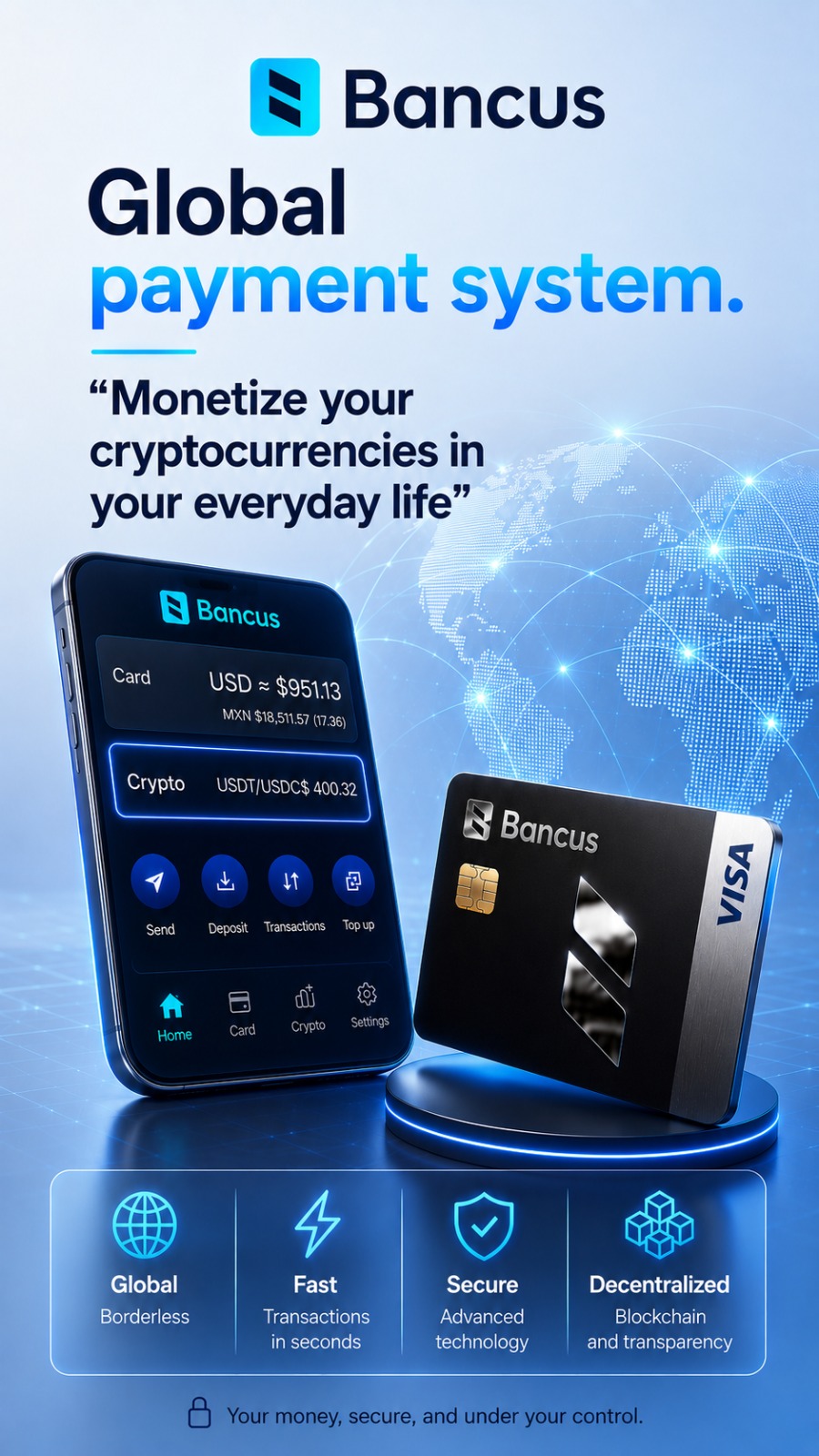 Bancus global payment system with app interface