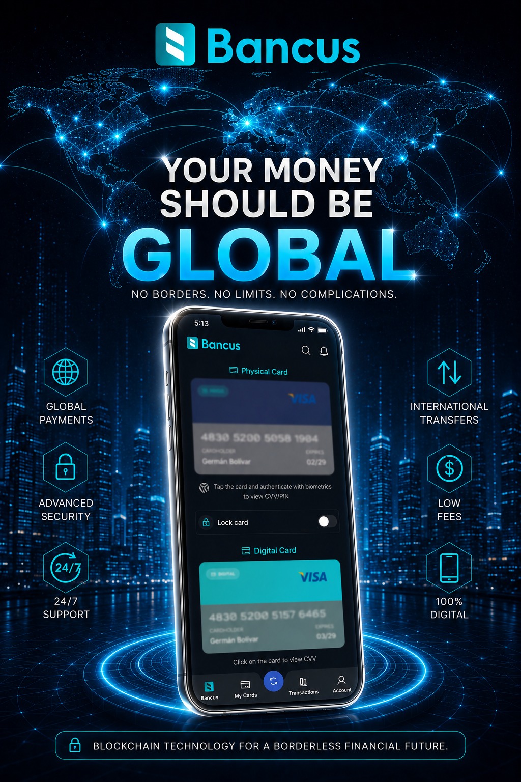 Bancus global payment system — physical and digital Visa card